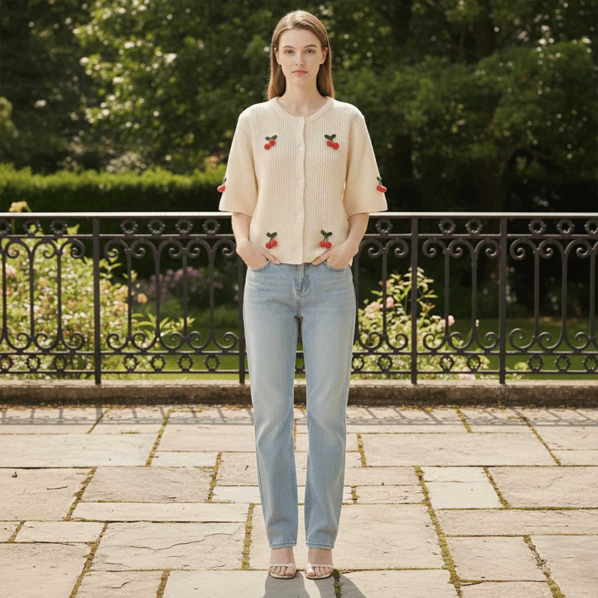 Woman wearing a beige cardigan with red accents and light blue jeans standing on a stone patio.