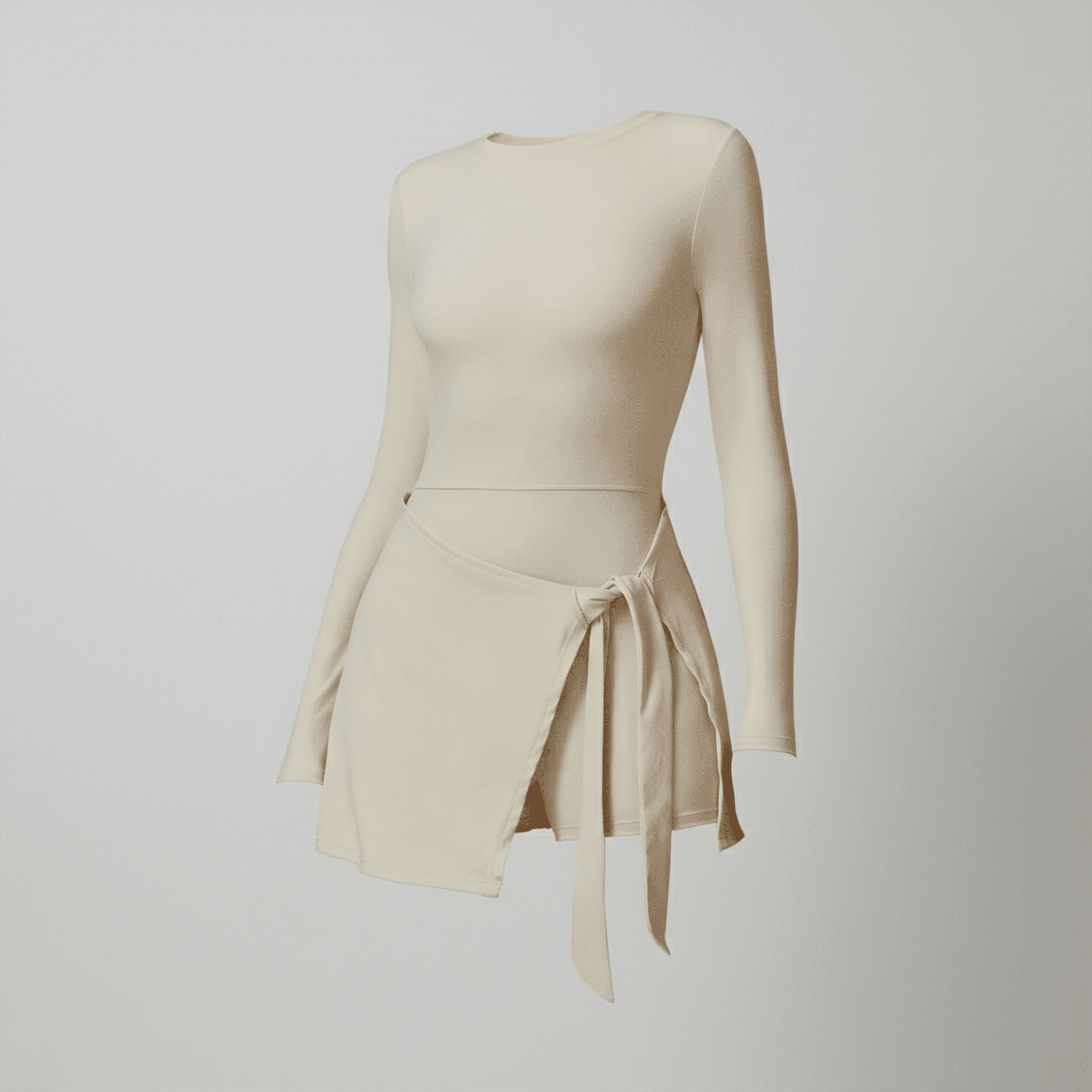 Beige long-sleeve top and skirt set on a light gray background