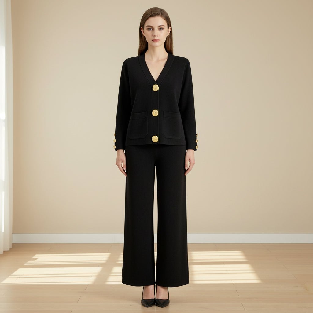 Woman wearing a black suit with gold buttons on a gray background