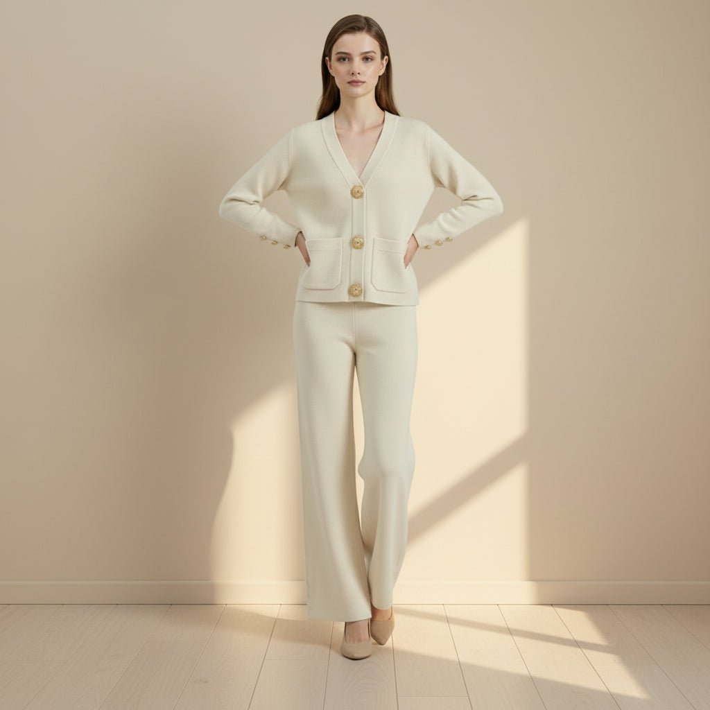 Woman wearing a beige suit with a cardigan and pants on a light gray background