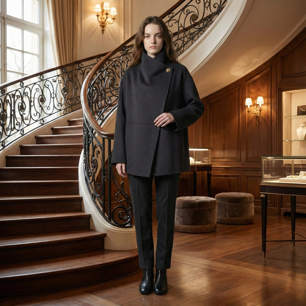 Woman in a black coat standing in an elegant interior setting with a staircase.