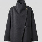 Dark gray coat with a high collar on a light gray background