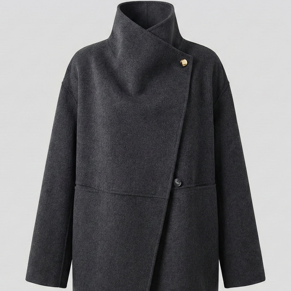 Dark gray coat with a high collar on a light gray background
