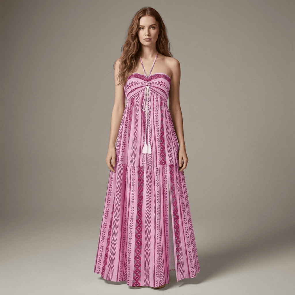 Woman wearing a pink strapless dress with intricate patterns on a neutral background