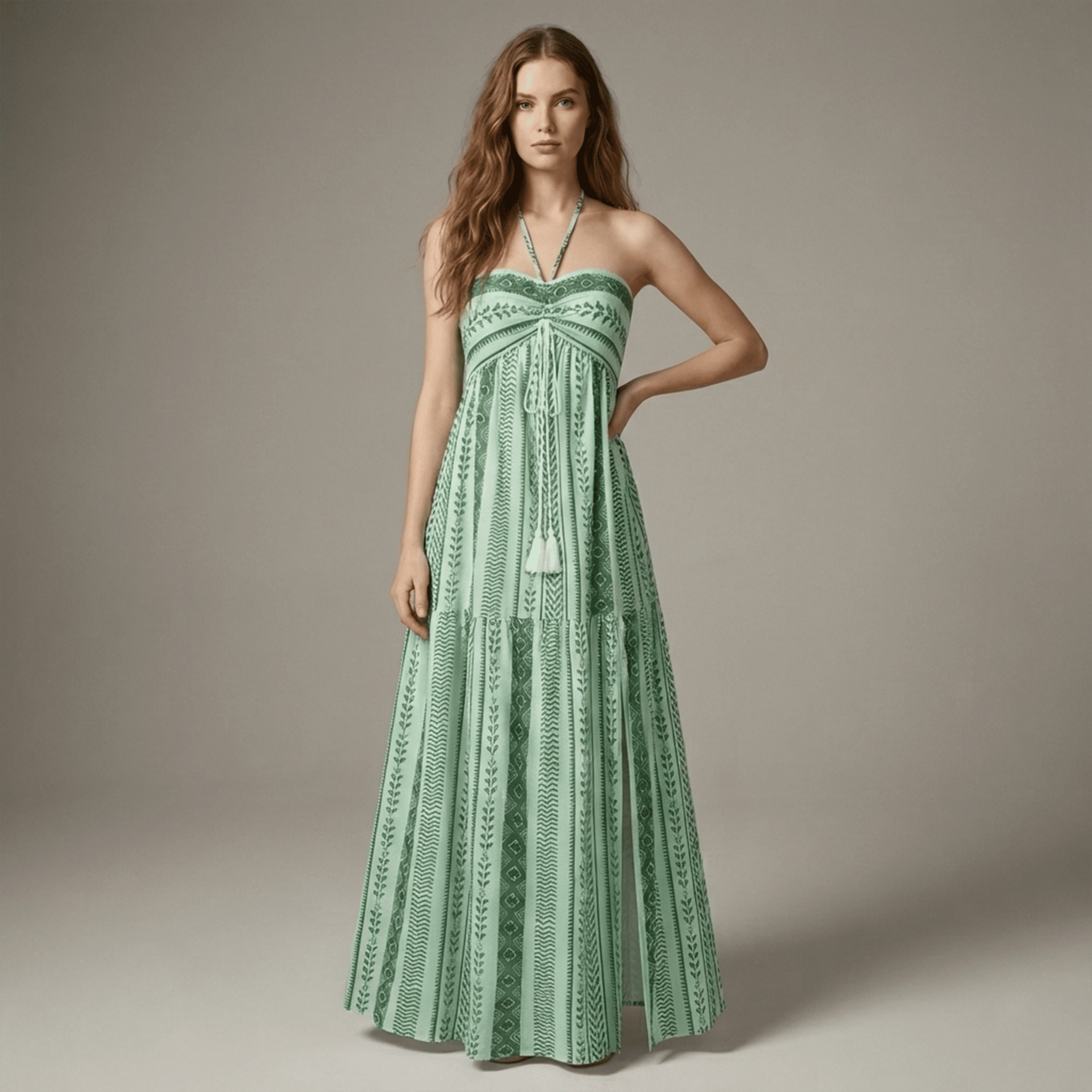 Woman wearing a green patterned dress against a neutral background