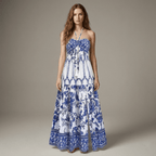 Woman wearing a blue and white floral dress against a neutral background