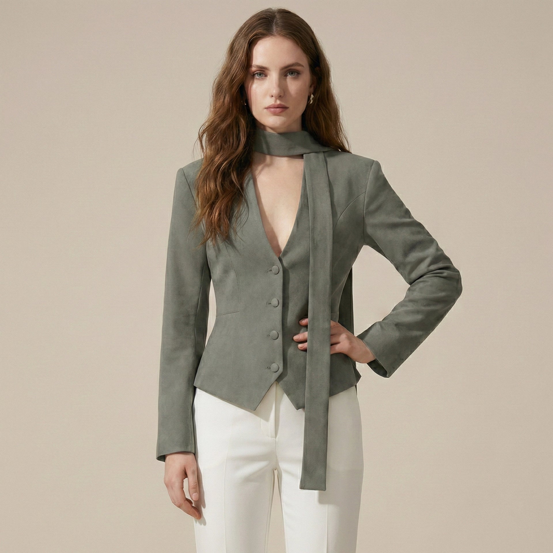 Woman wearing a green blazer with a deep neckline on a beige background