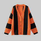 Orange and black striped cardigan on a white background