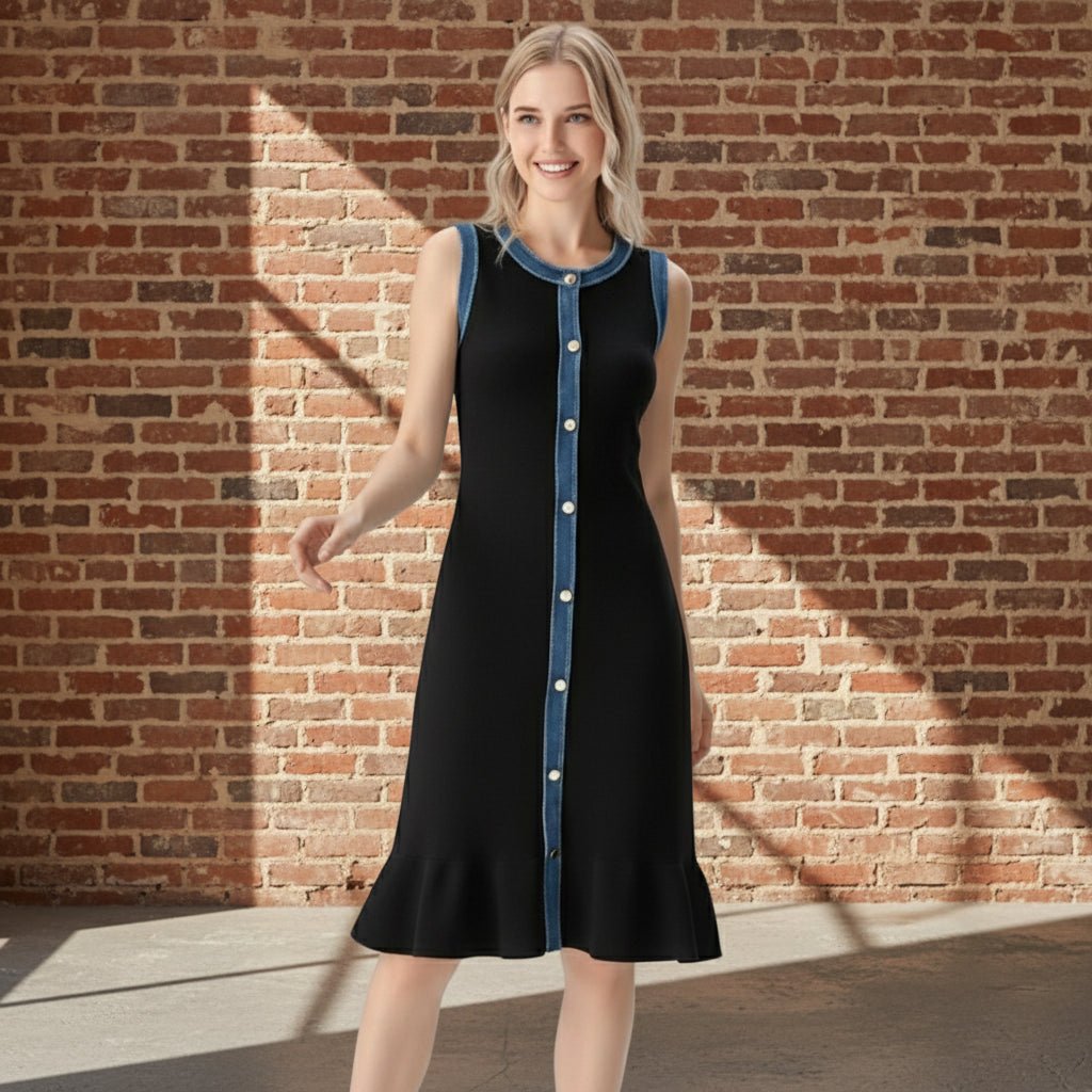 Woman wearing a black dress with blue accents on a gray background