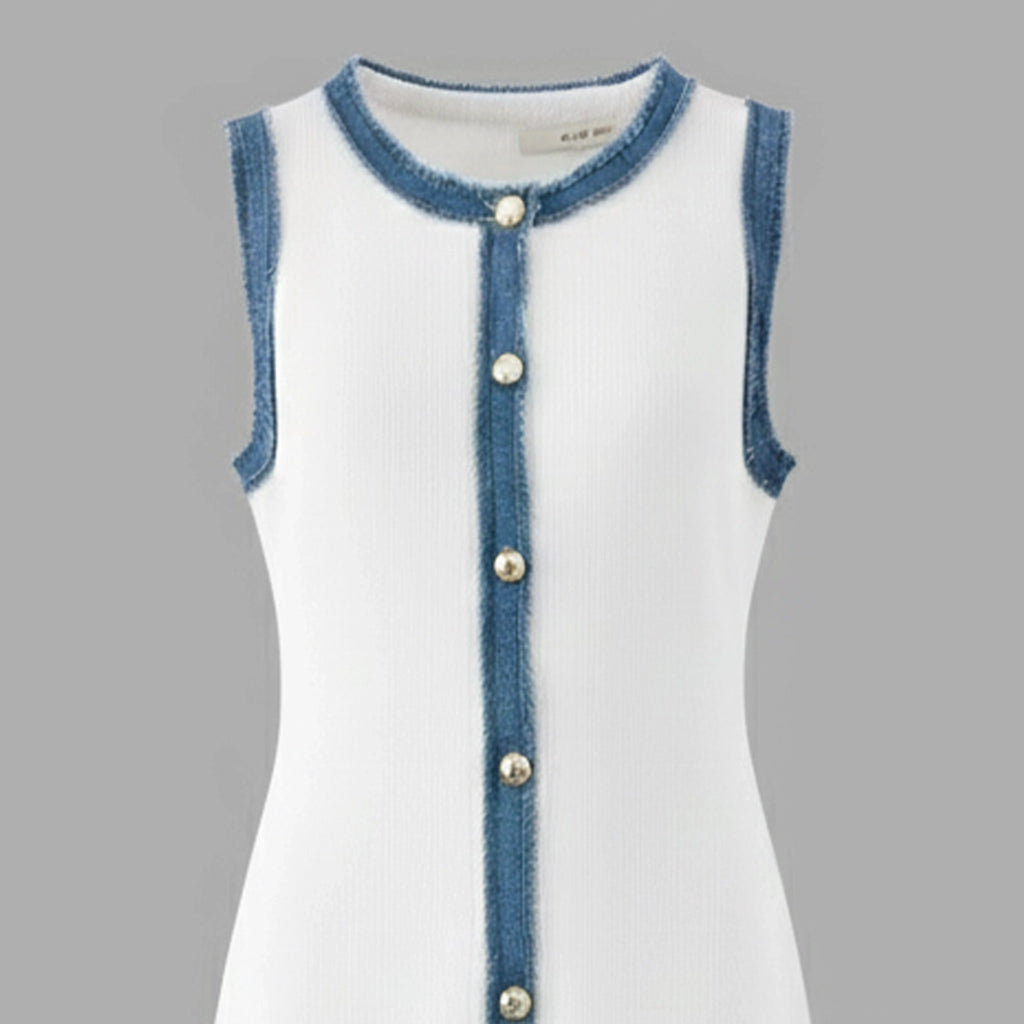 White dress with blue denim trim and buttons on a gray background