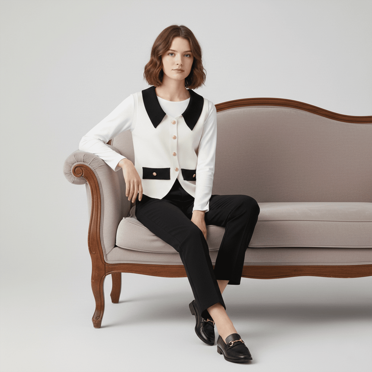 Woman sitting on a vintage-style sofa wearing a black and white outfit.