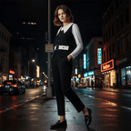 Woman in formal attire standing on a city street at night with neon signs in the background