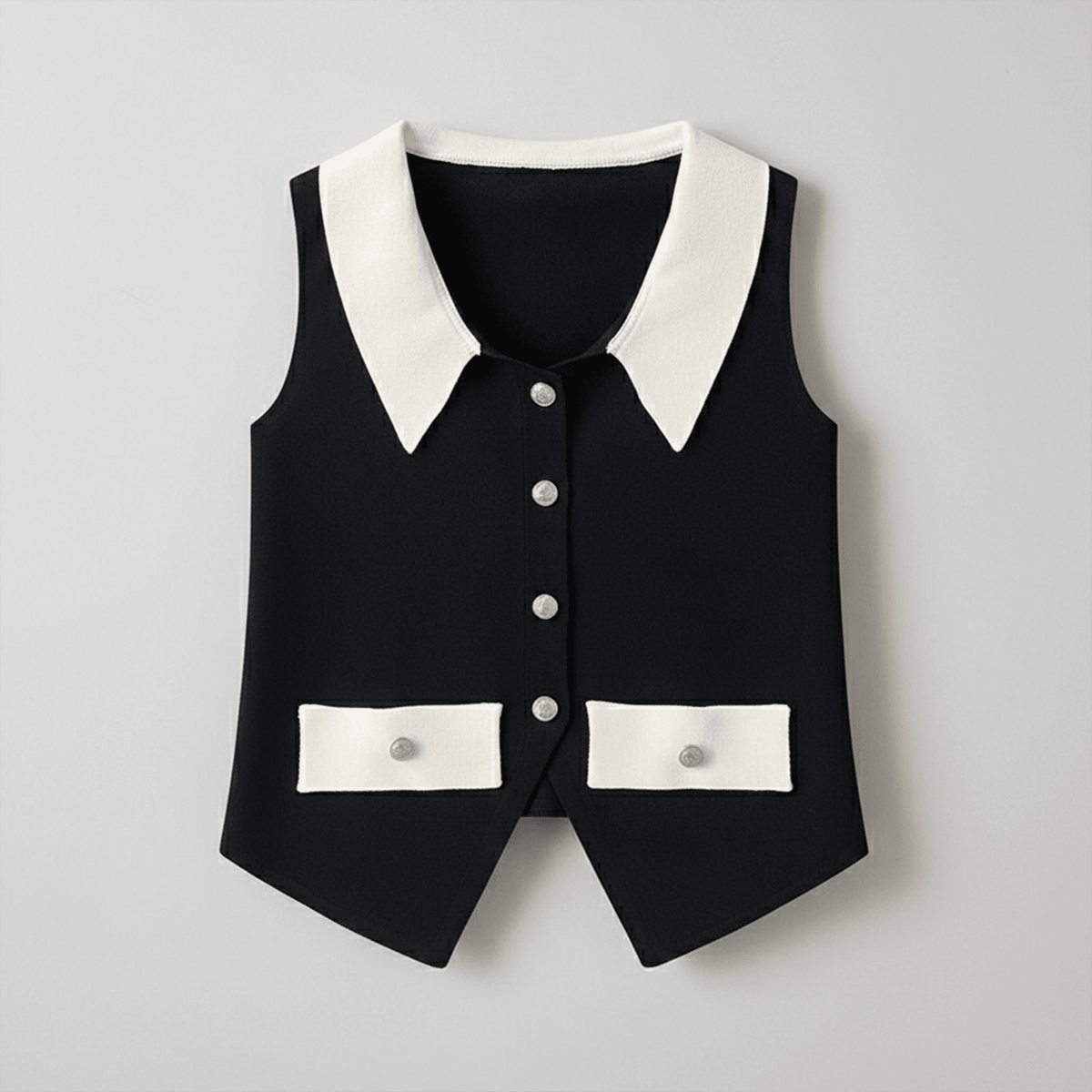 Black vest with white collar and buttons on a gray background