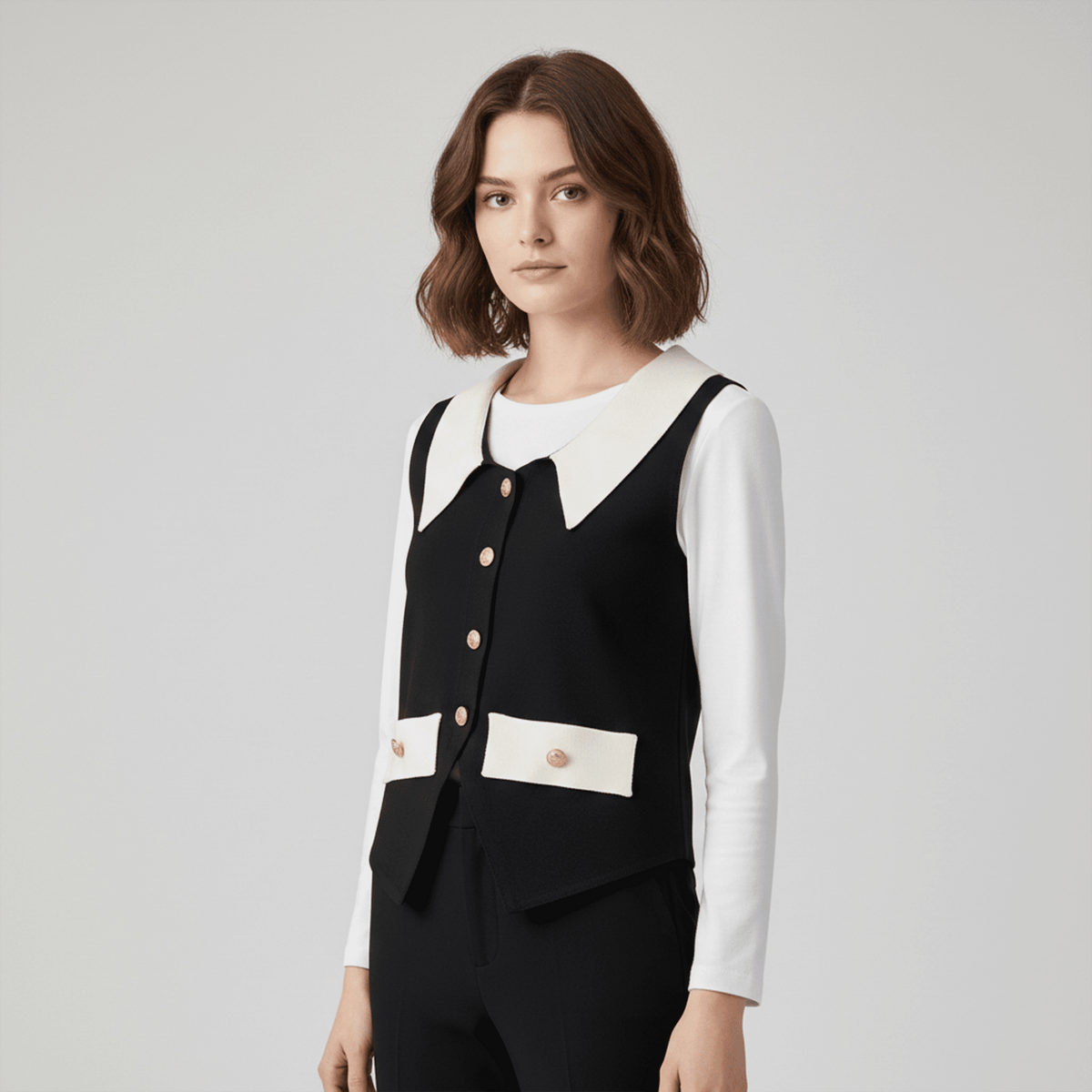 Woman wearing a black vest over a white shirt on a gray background