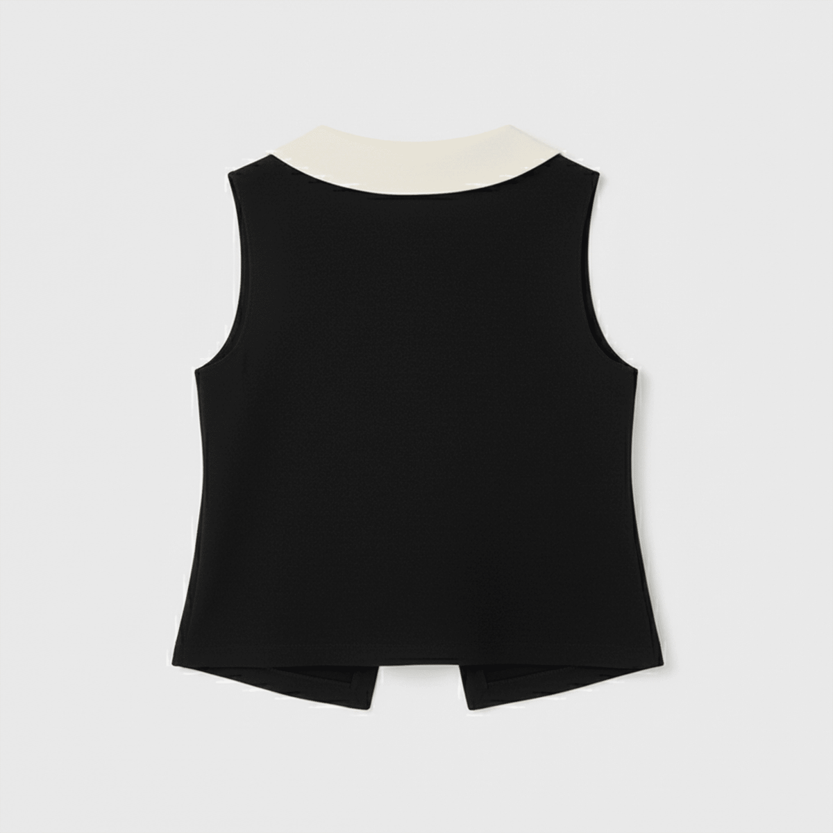 Black sleeveless top with a white collar on a light gray background