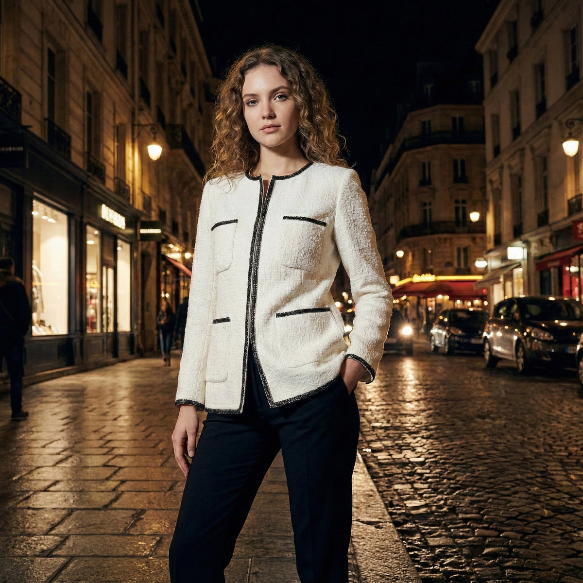 Woman in a white jacket standing on a city street at night.