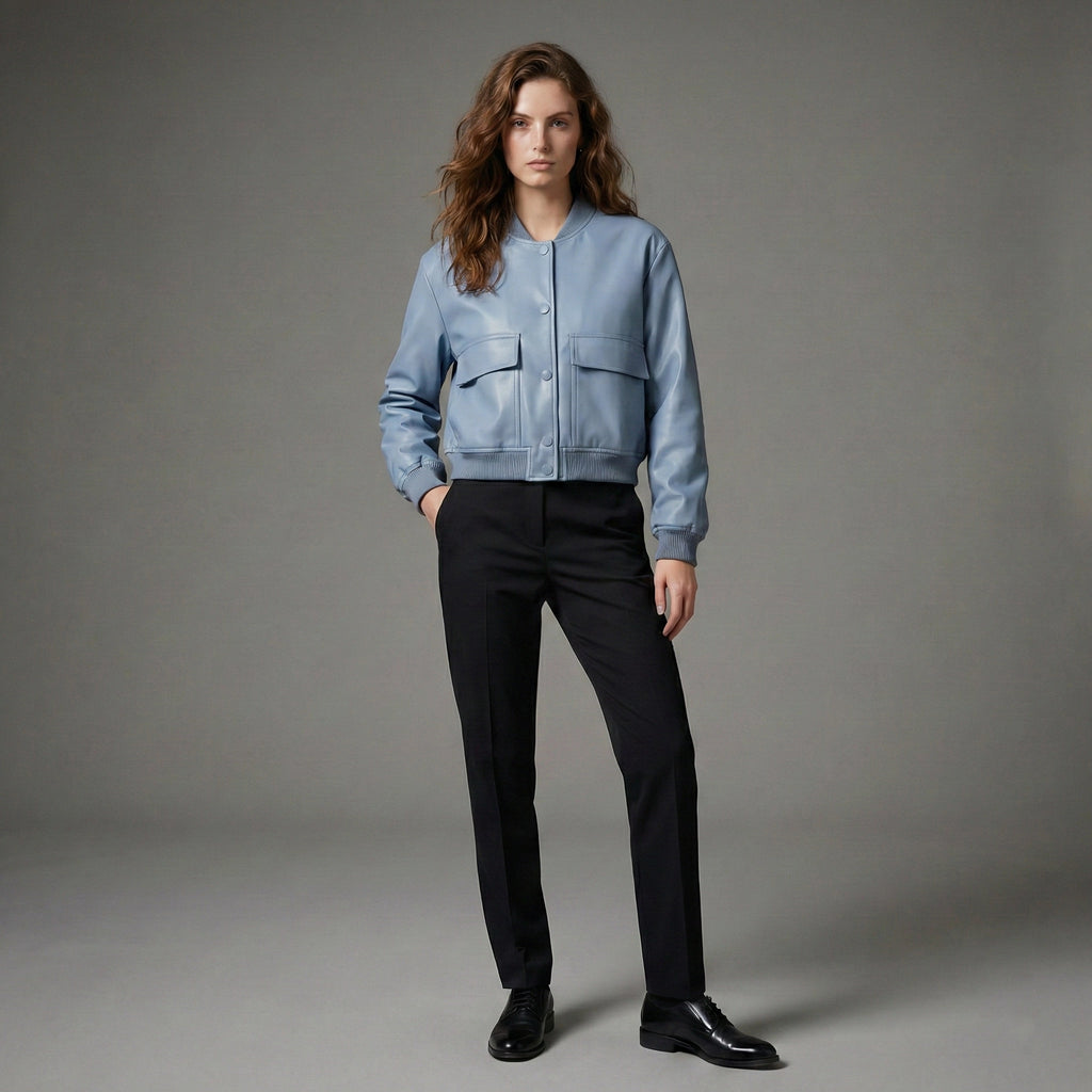 Person wearing a light blue jacket and black pants on a gray background