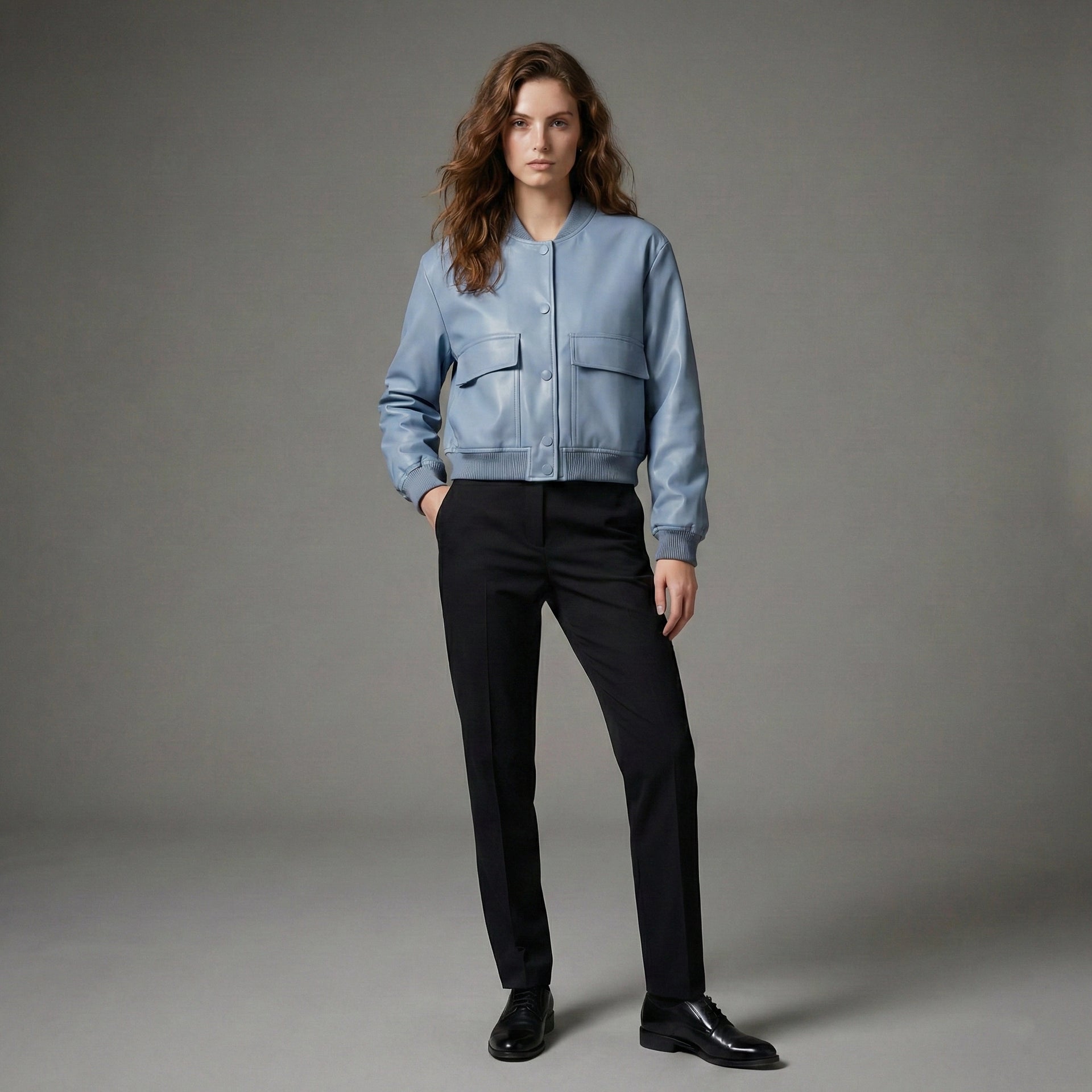 Person wearing a light blue jacket and black pants on a gray background