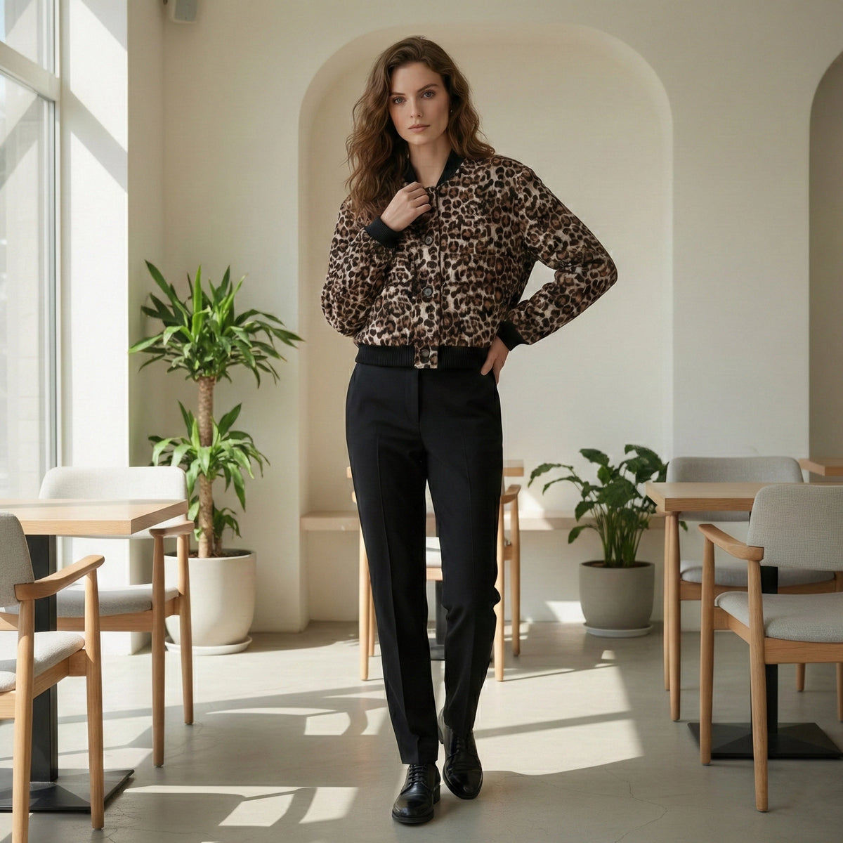 Woman in leopard print blouse and black pants standing in a modern cafe.