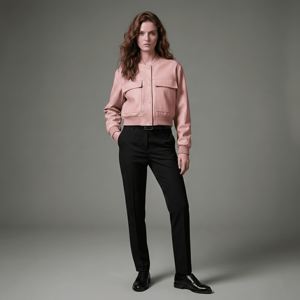 Woman wearing a pink jacket and black pants on a gray background