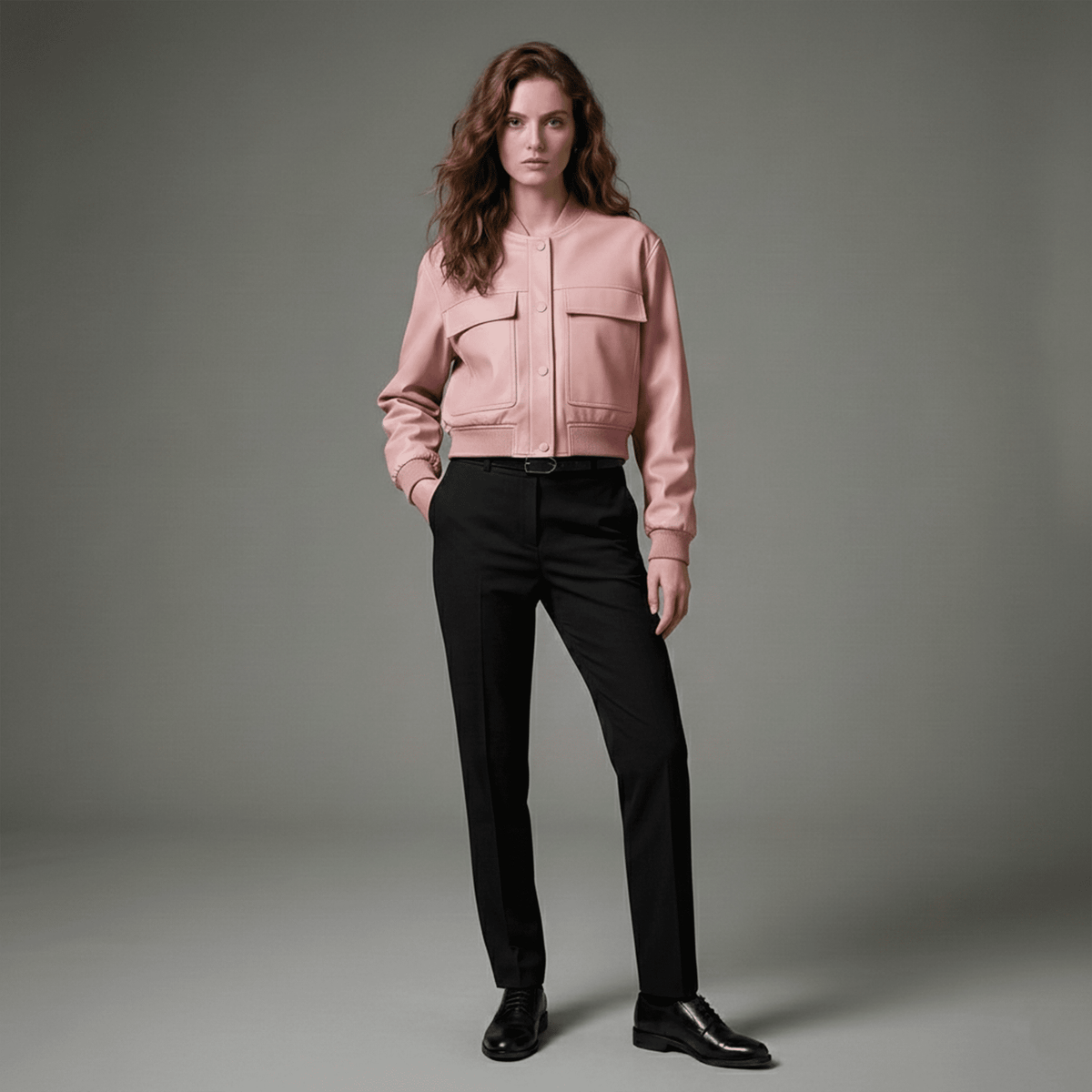 Woman wearing a pink jacket and black pants on a gray background