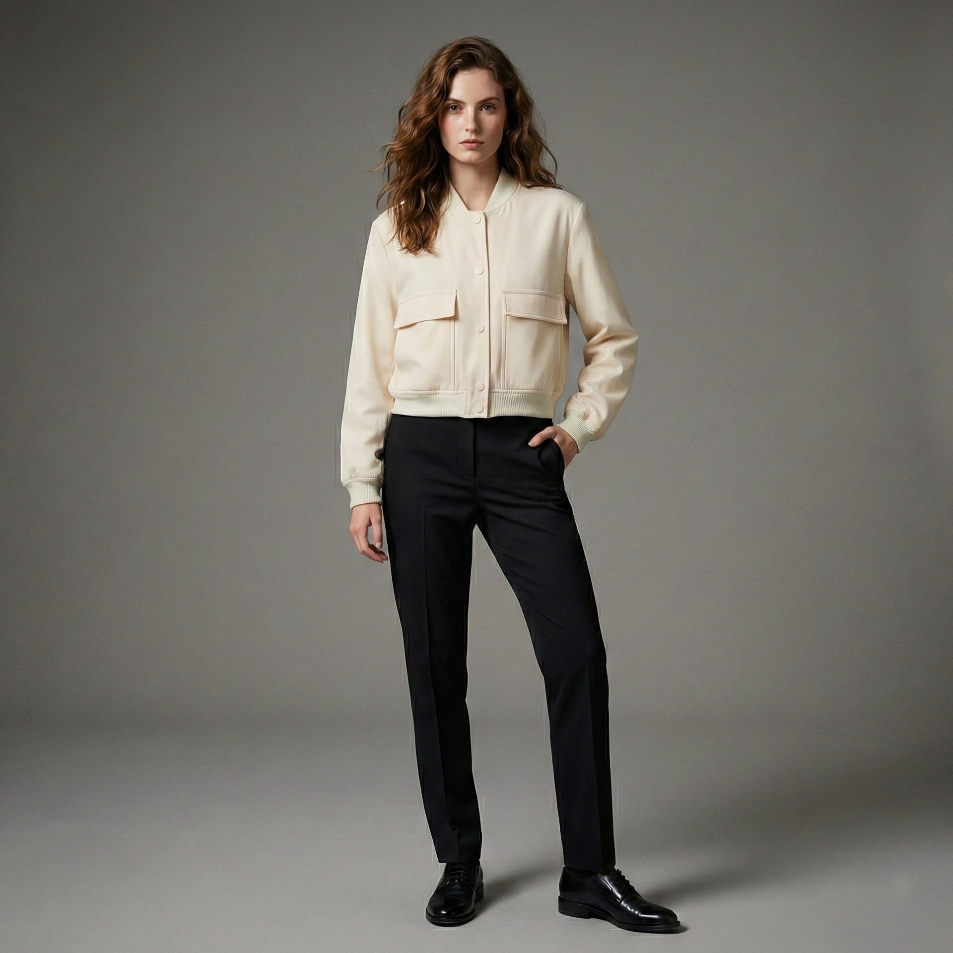 Woman wearing a cream jacket and black pants on a gray background