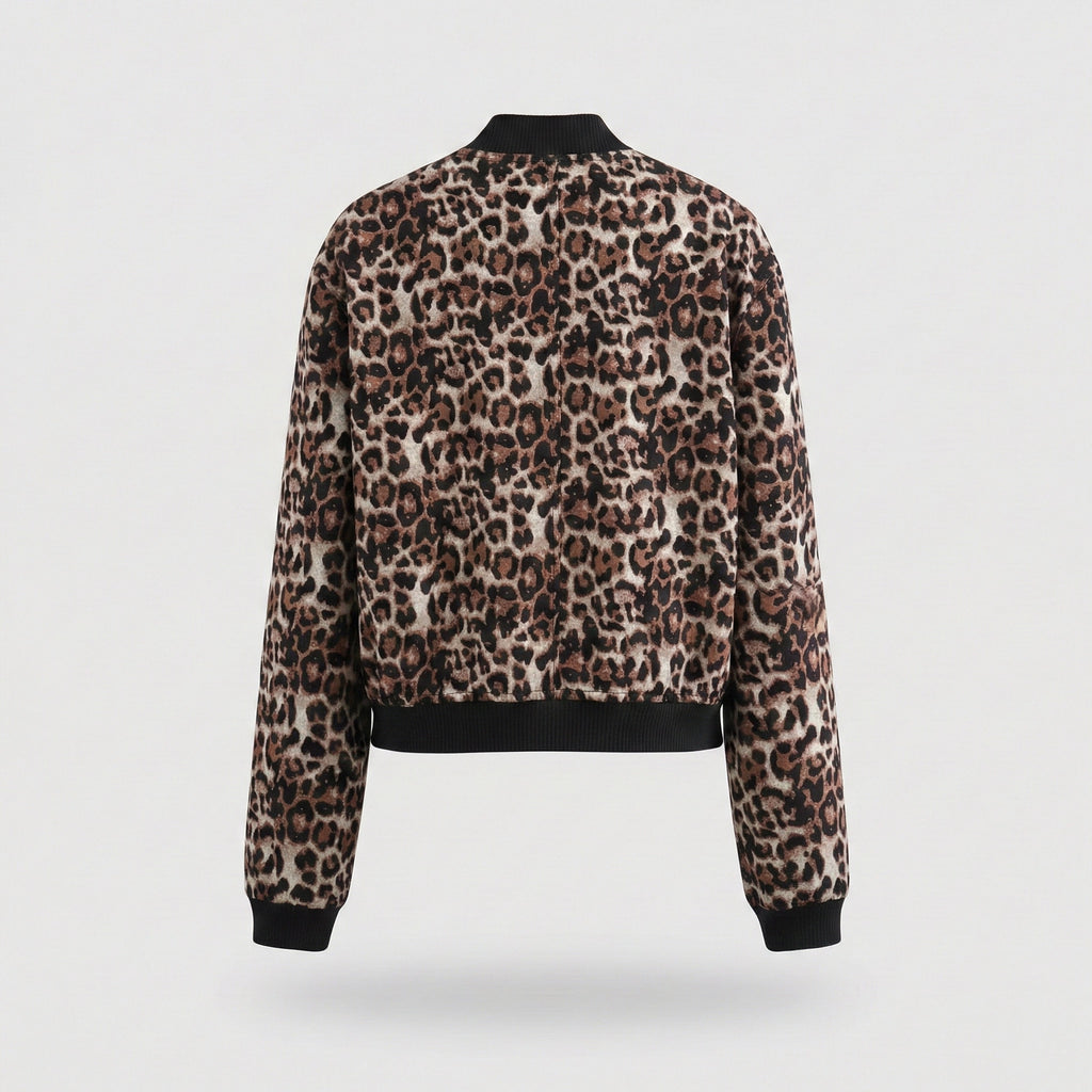 Leopard print bomber jacket on a white background