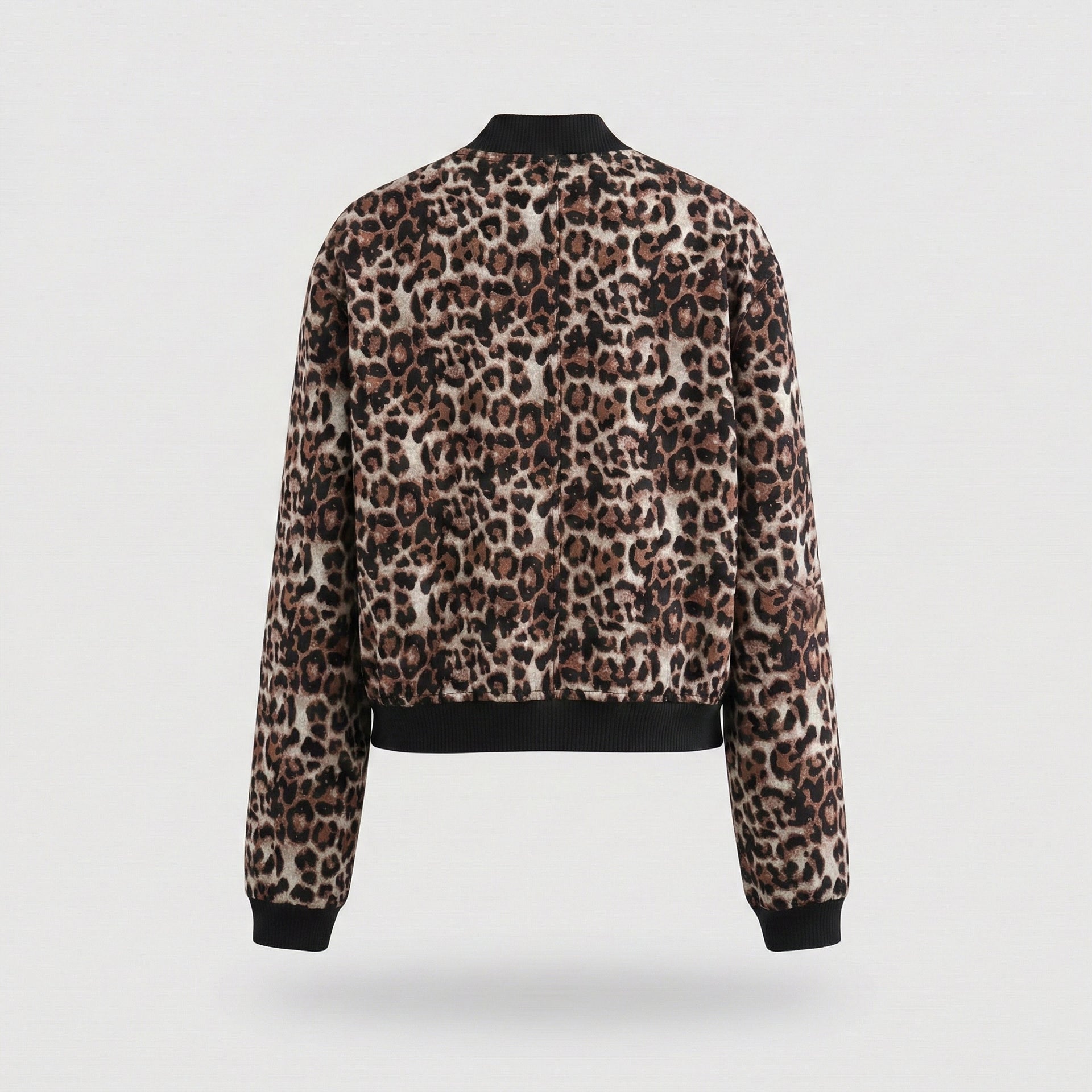 Leopard print bomber jacket on a white background