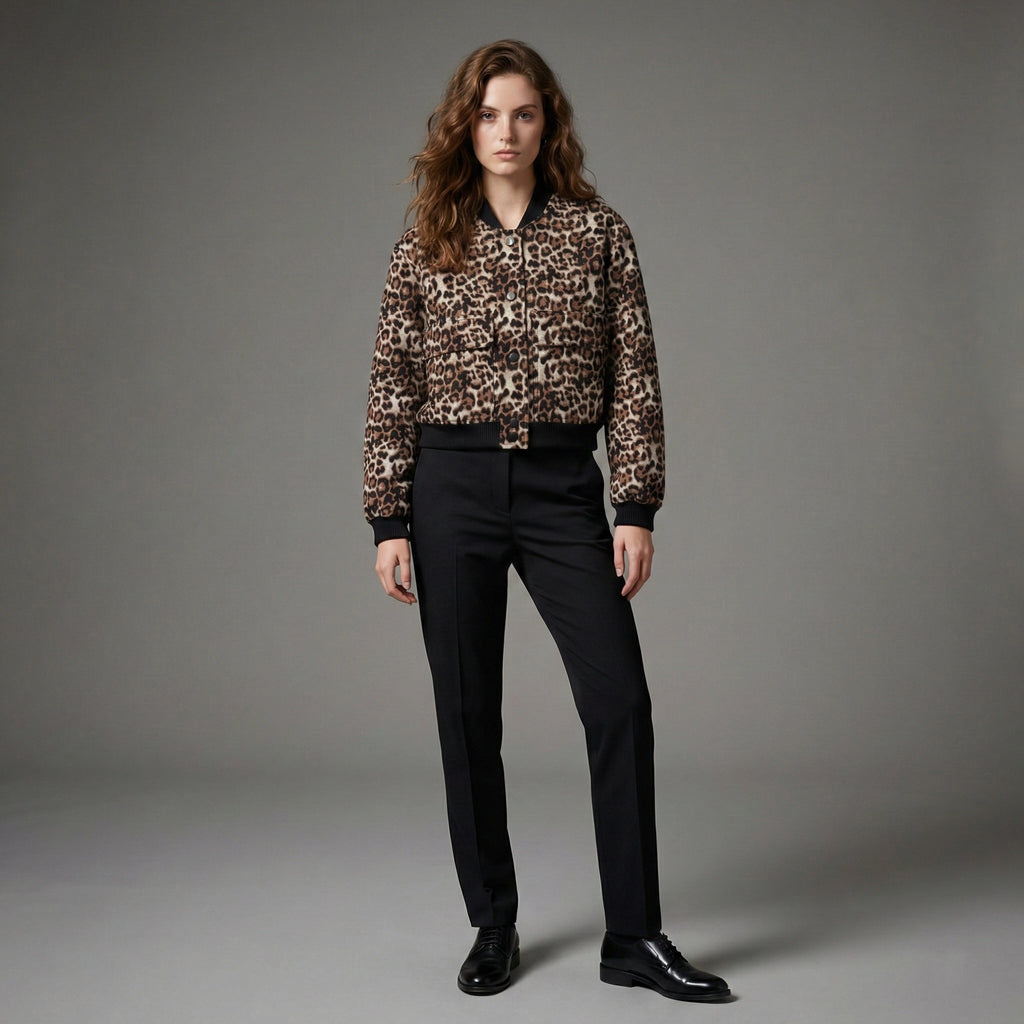 Woman wearing a leopard print blouse and black pants on a gray background