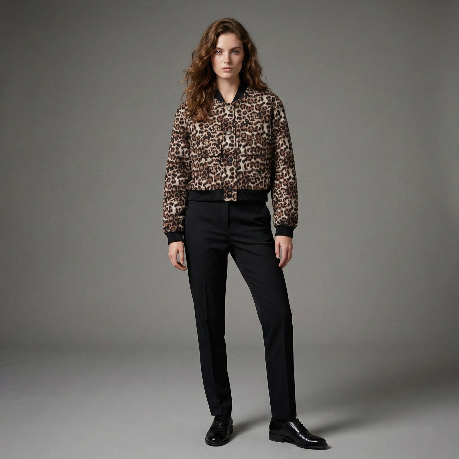 Woman wearing a leopard print blouse and black pants on a gray background