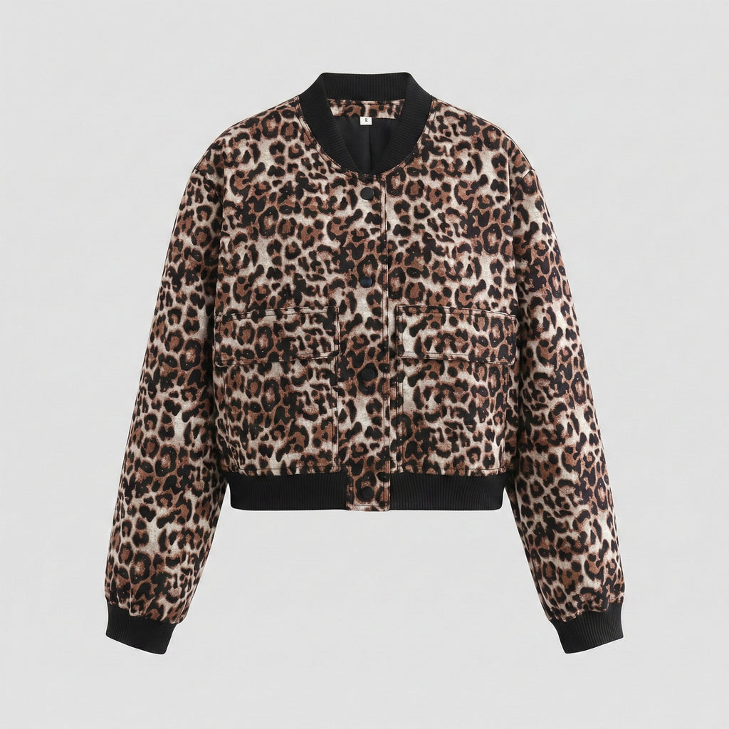 Leopard print jacket with black trim on a light gray background