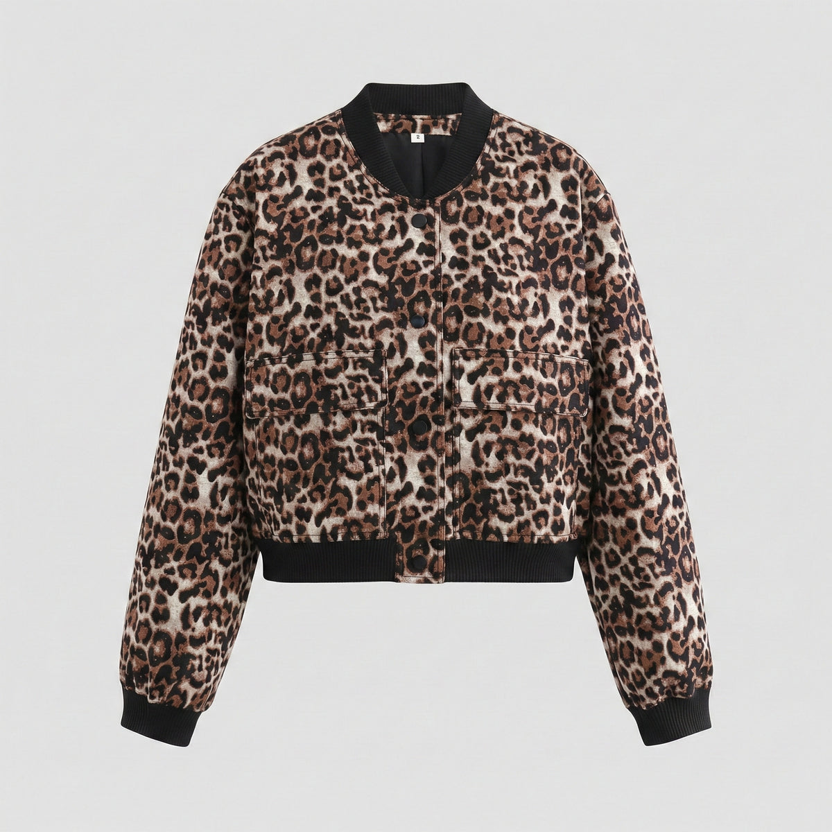 Leopard print jacket with black trim on a light gray background