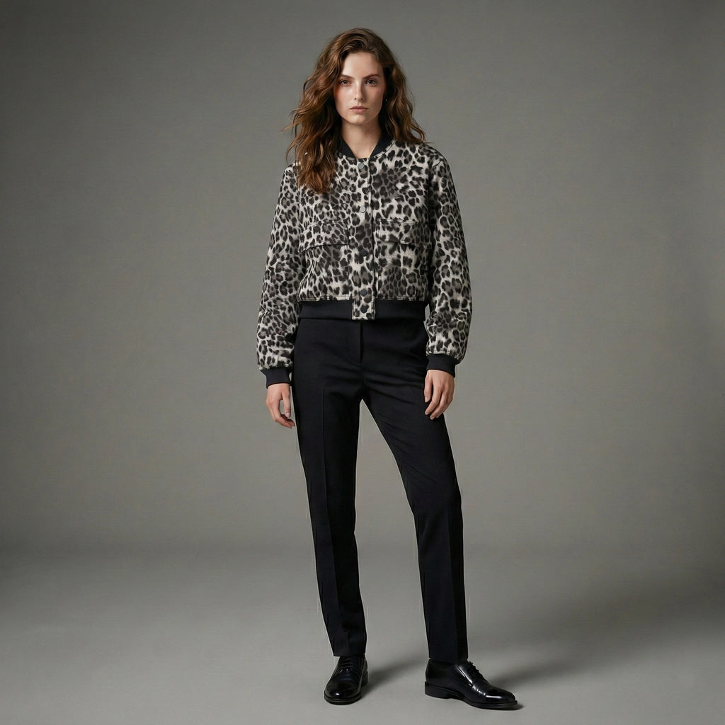 Person wearing a leopard print shirt and black pants on a gray background