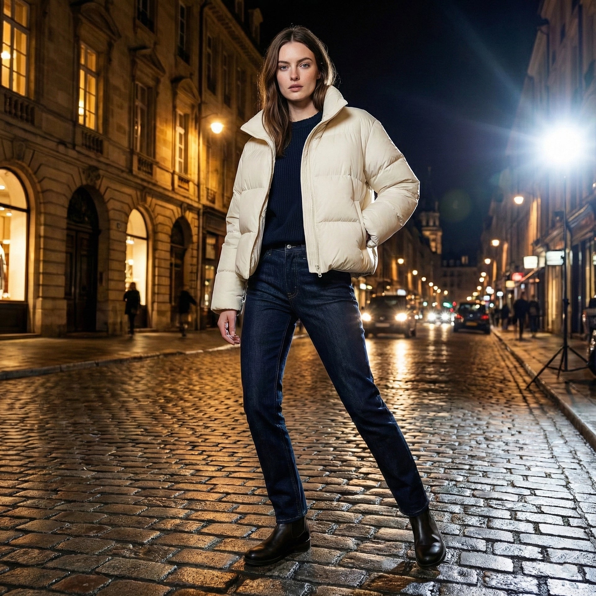 Woman in a beige puffer jacket standing on a city street at night.
