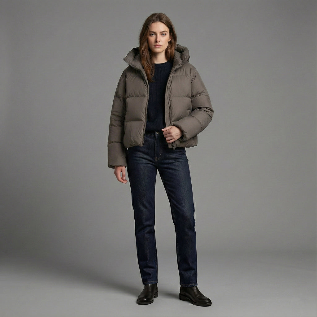 Person wearing a brown puffer jacket and dark jeans on a gray background