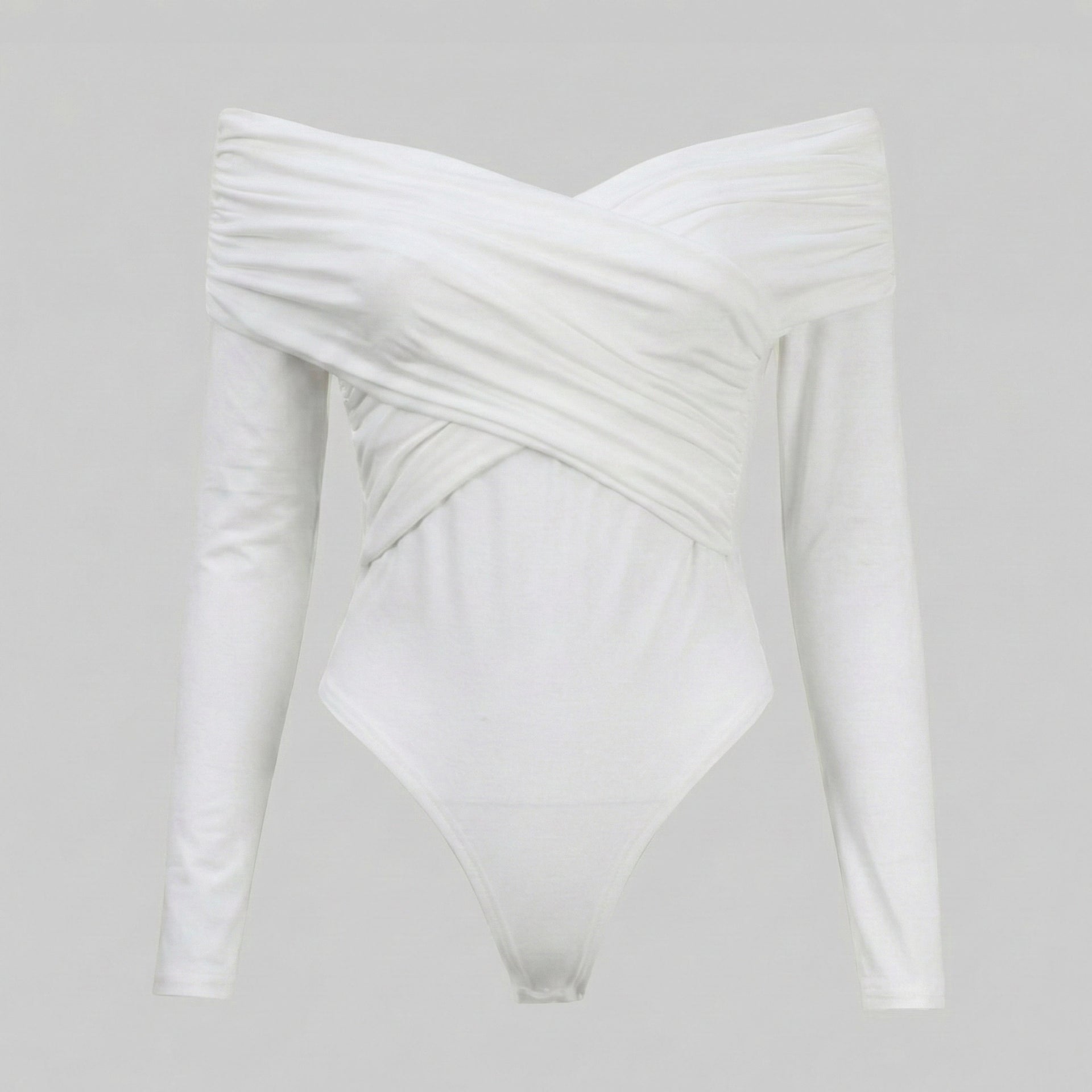 White swimsuit with a unique design on a light gray background