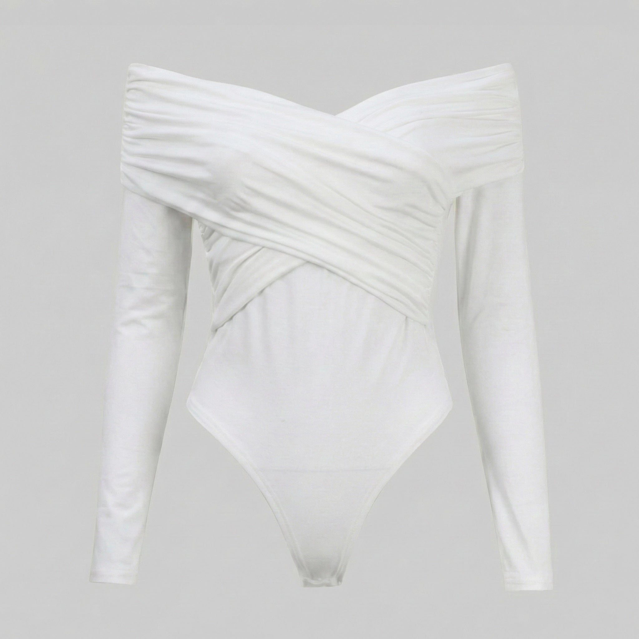 White swimsuit with a unique design on a light gray background