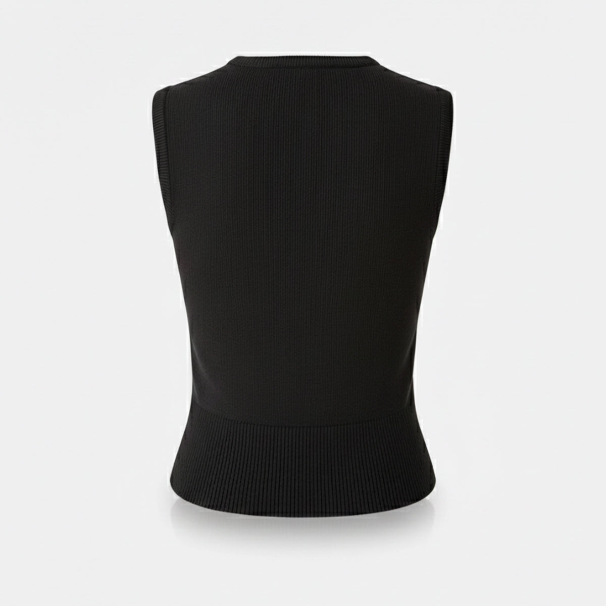 Black sleeveless sweater on a light gray background