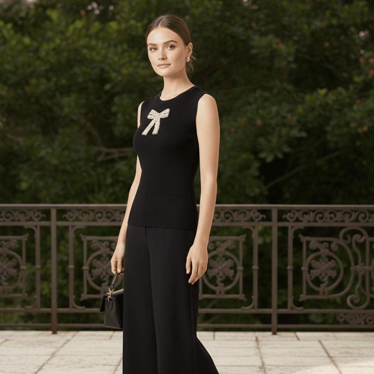 Woman in a black dress with a bow detail standing outdoors.