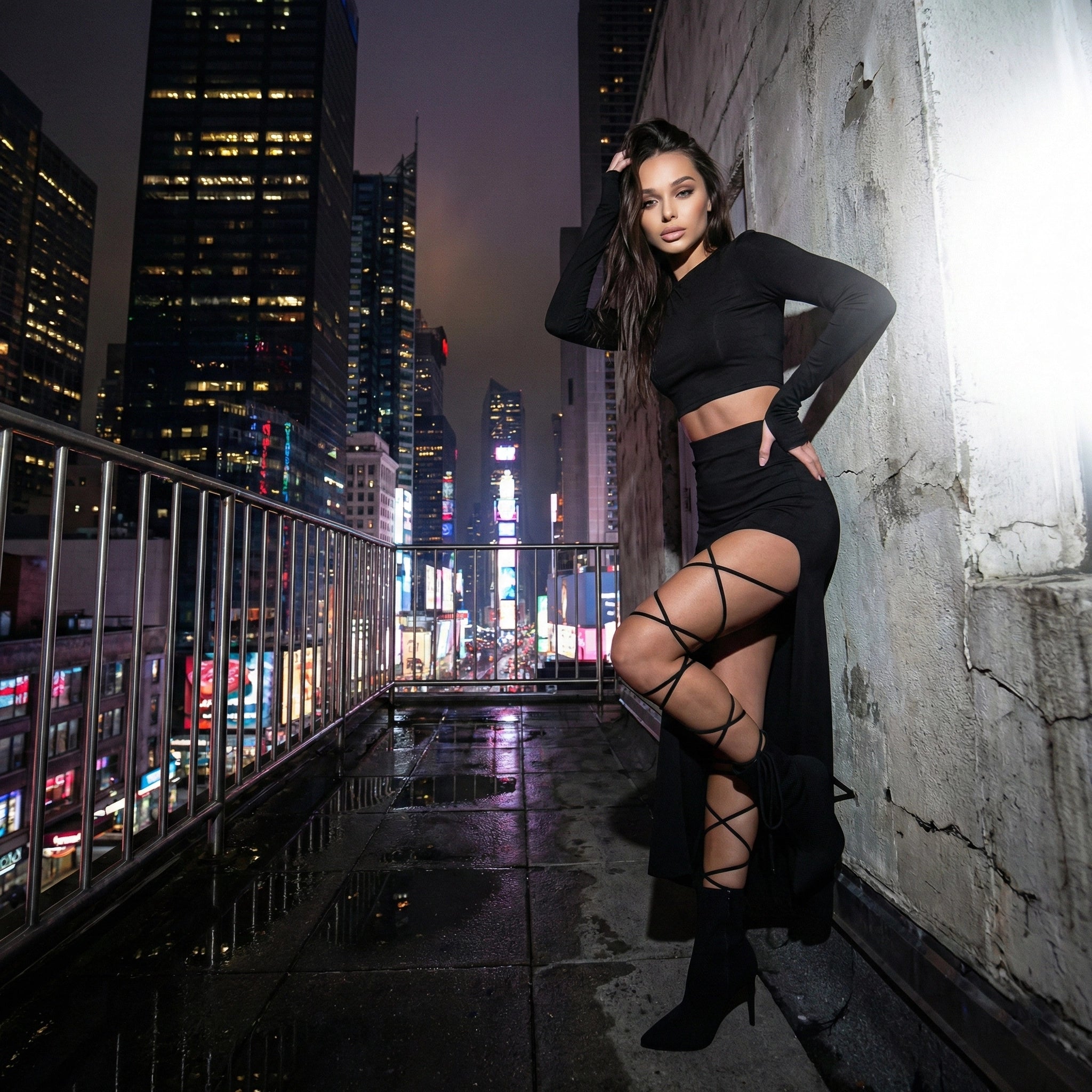 Woman in black outfit posing on a rooftop with city skyline in the background