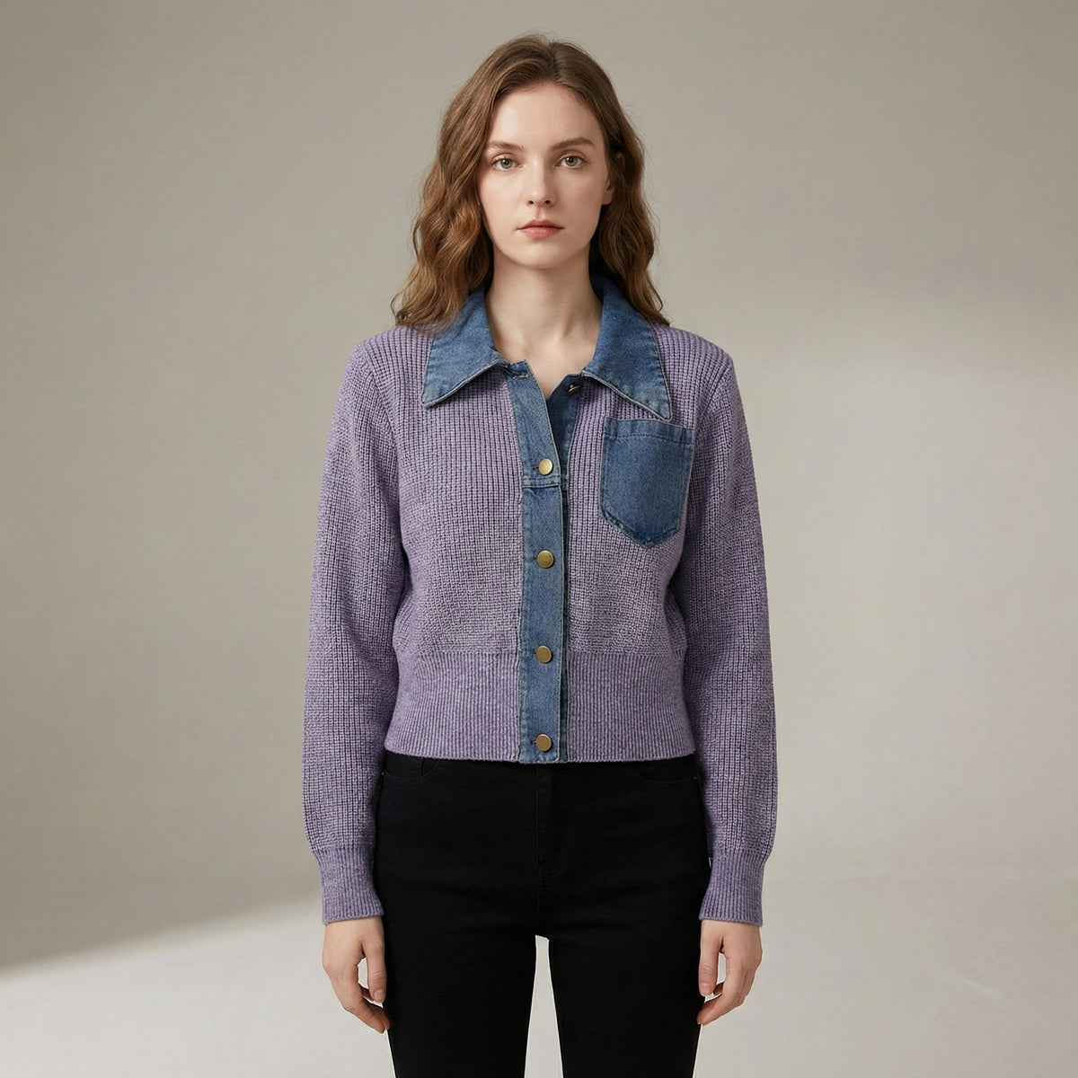 Woman wearing a purple denim jacket with a neutral background