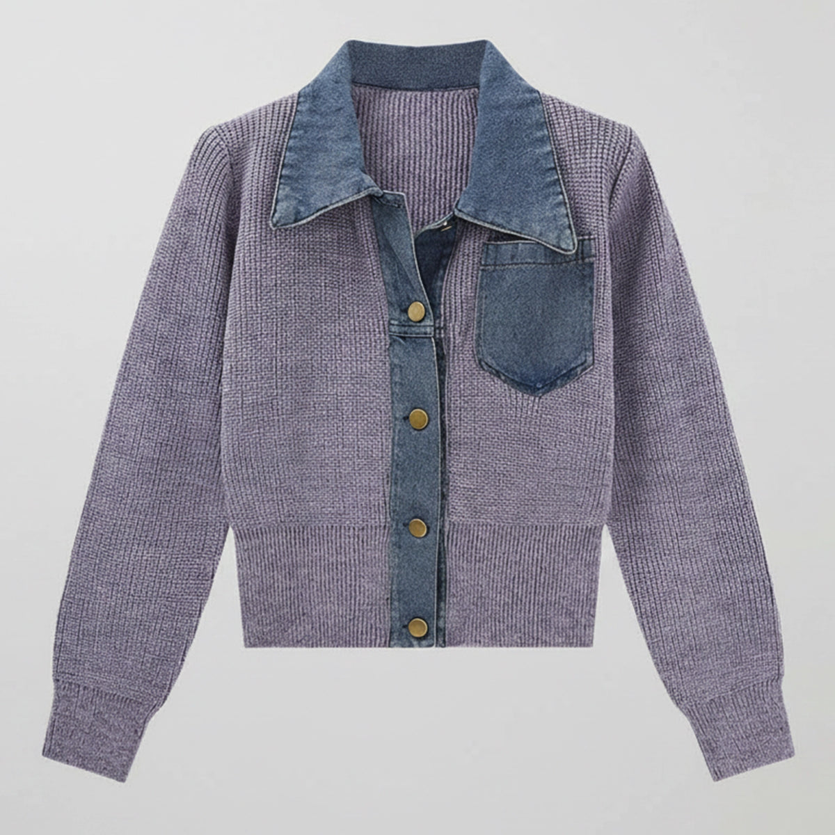 Purple cardigan with denim collar and pocket on a light gray background
