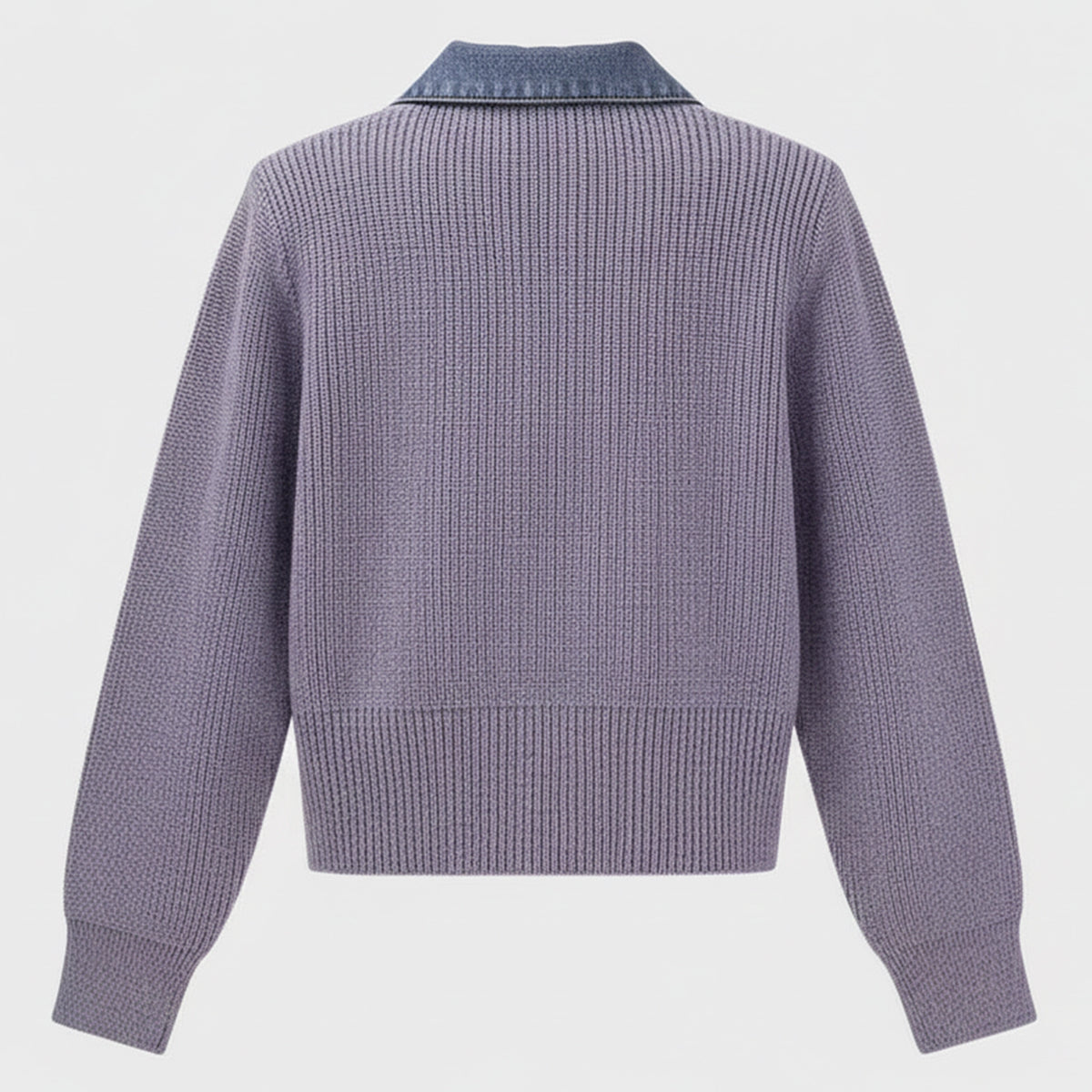 Purple sweater with denim collar on a light gray background