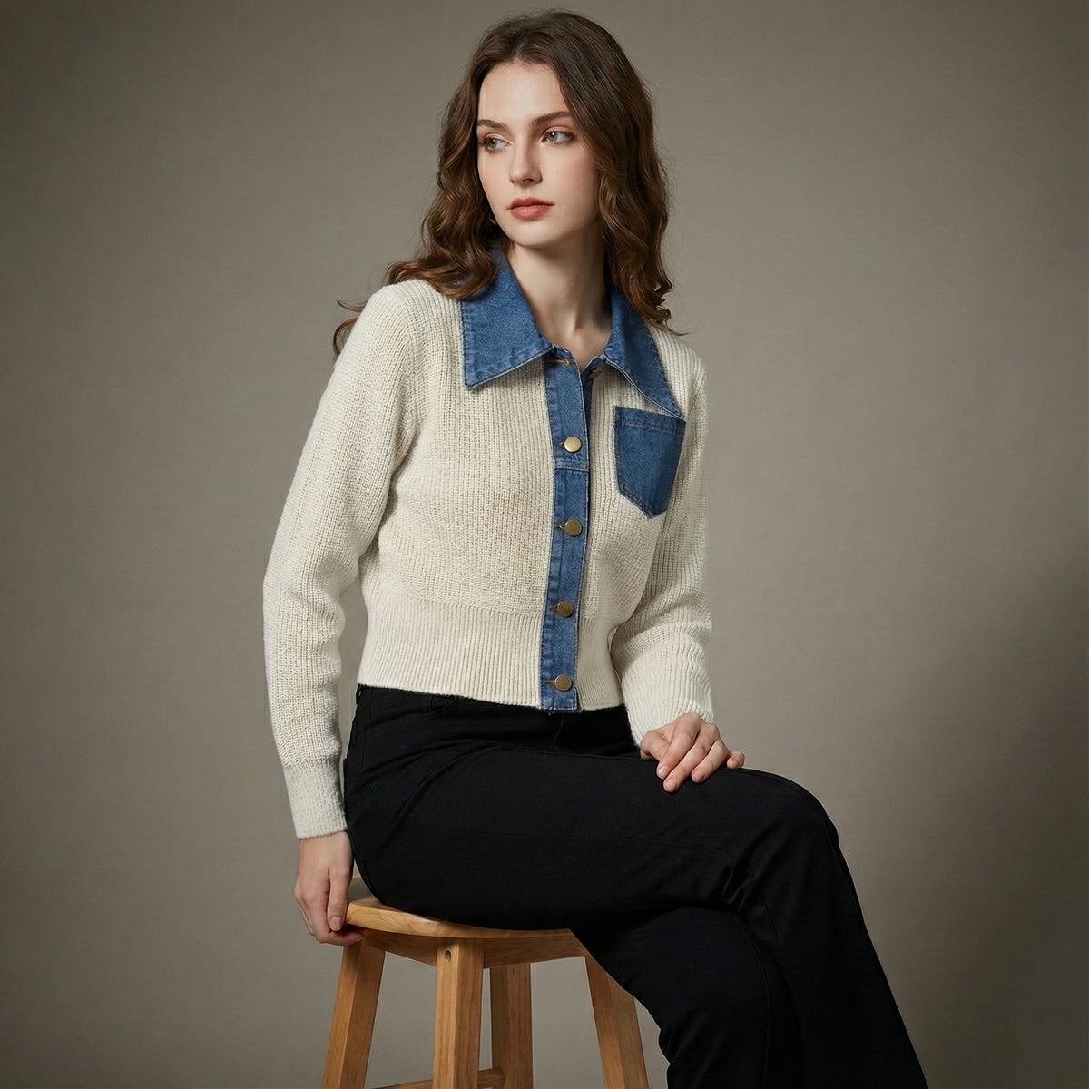 Woman wearing a beige sweater with blue denim collar and pockets, sitting on a wooden stool against a gray background.
