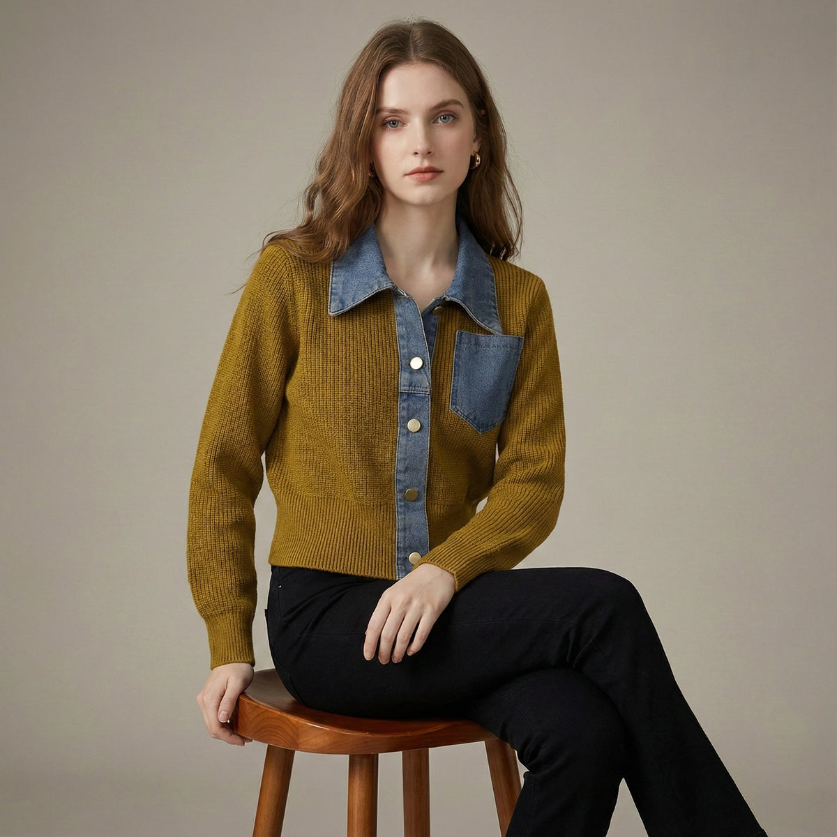 Woman wearing a mustard yellow sweater with denim collar and pocket, sitting on a wooden stool against a beige background.