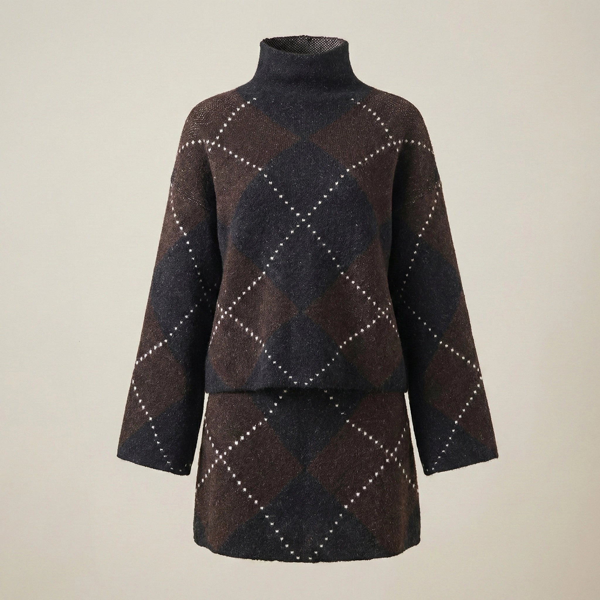 Brown argyle patterned coat on a beige background