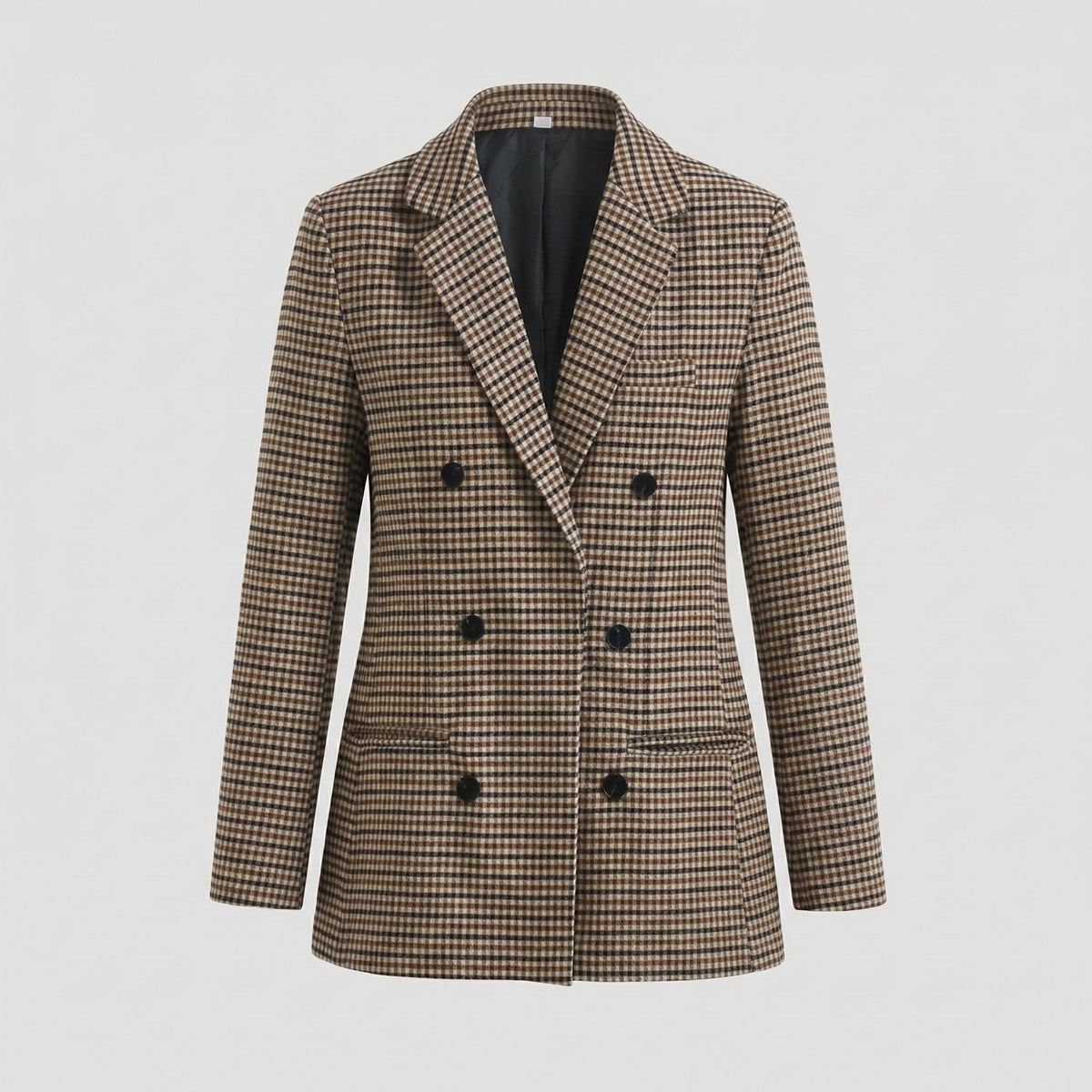Plaid coat with black buttons on a light gray background