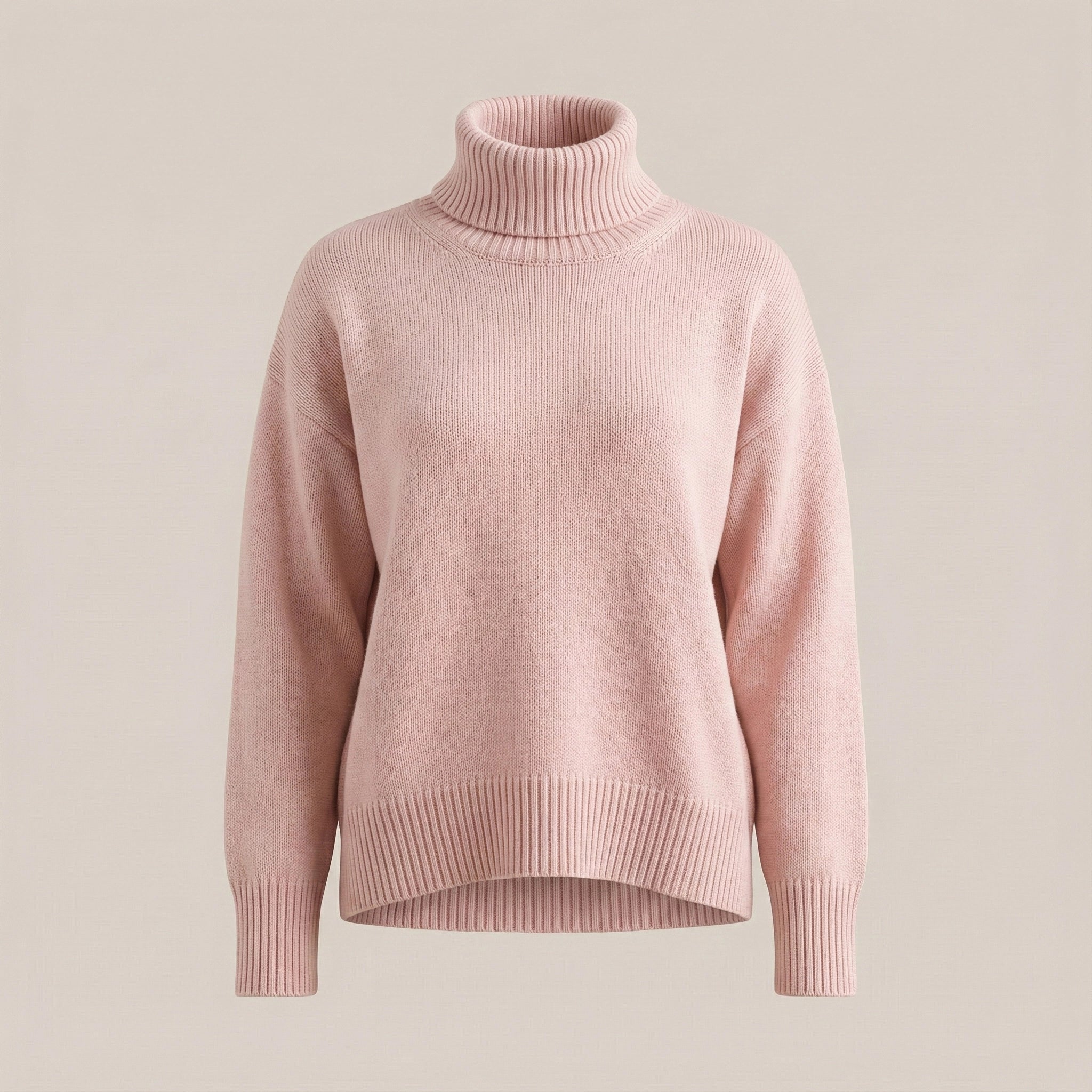 Pink turtleneck sweater on a beige background