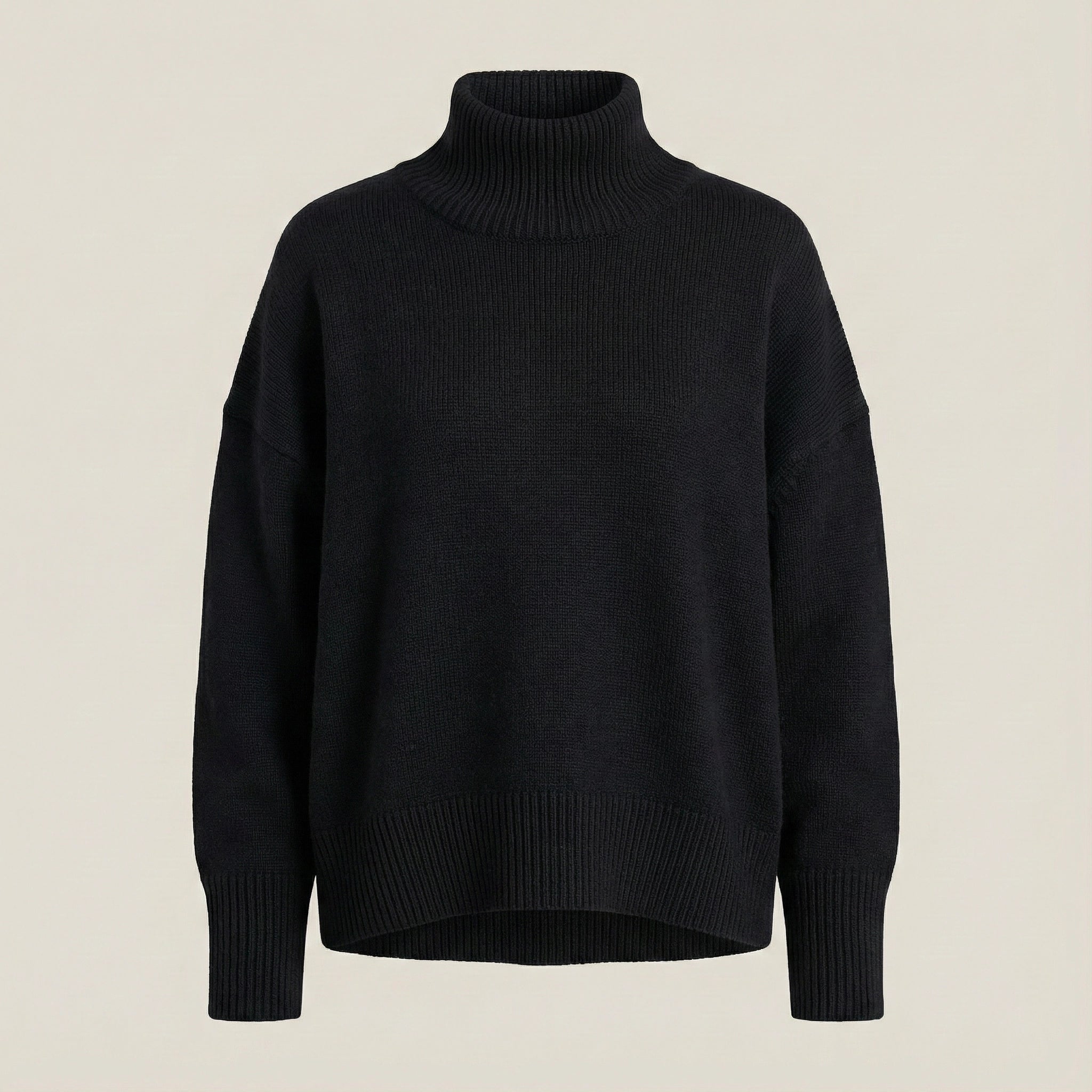 Black turtleneck sweater on a beige background