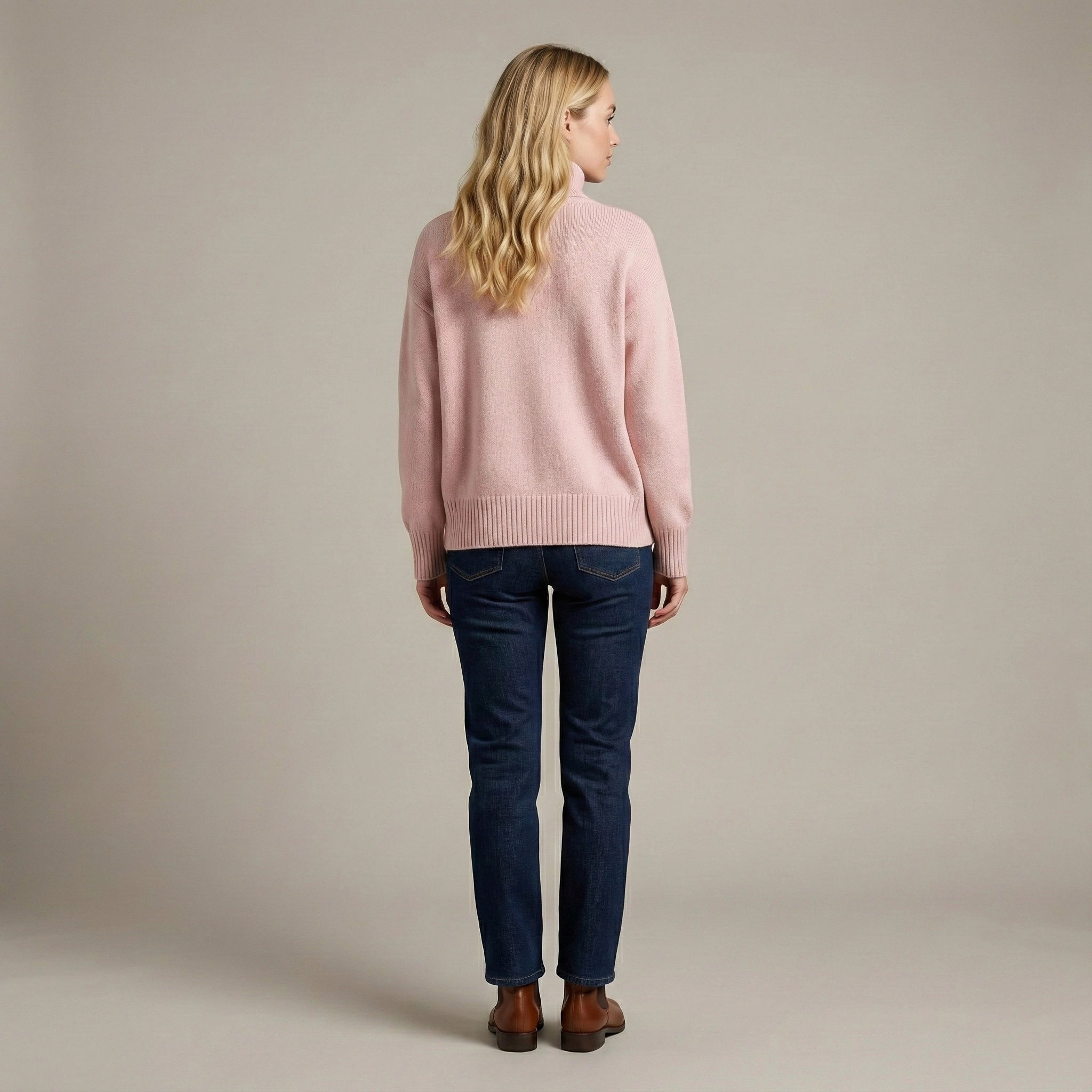 Woman wearing a pink sweater and blue jeans against a beige background